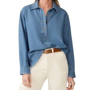 Faherty Linen Denim Oceanview Popover Top Relaxed Womens Large Blue
